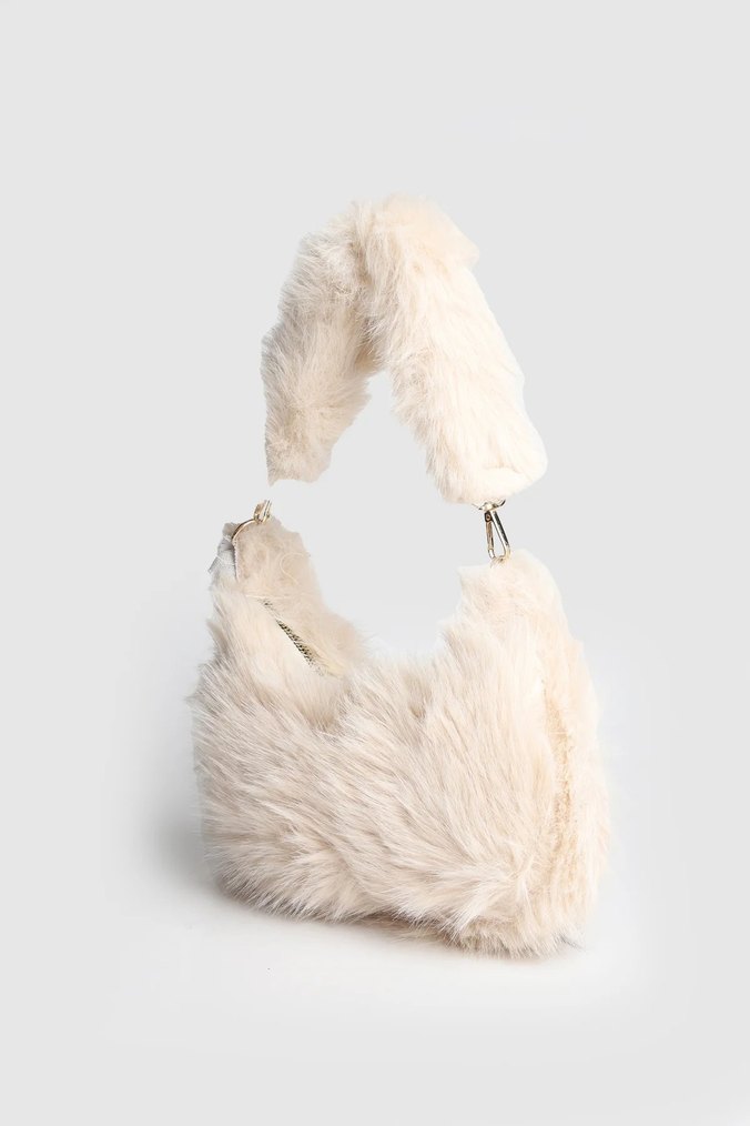 Beyaz Kürklü Kadın Omuz Çantası - Görsel 3