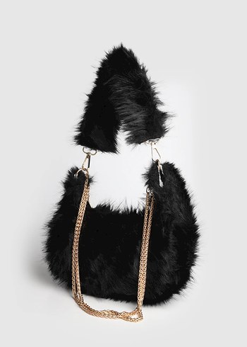 Siyah Leopar Desenli Peluş Kadın Çanta - Görsel 2