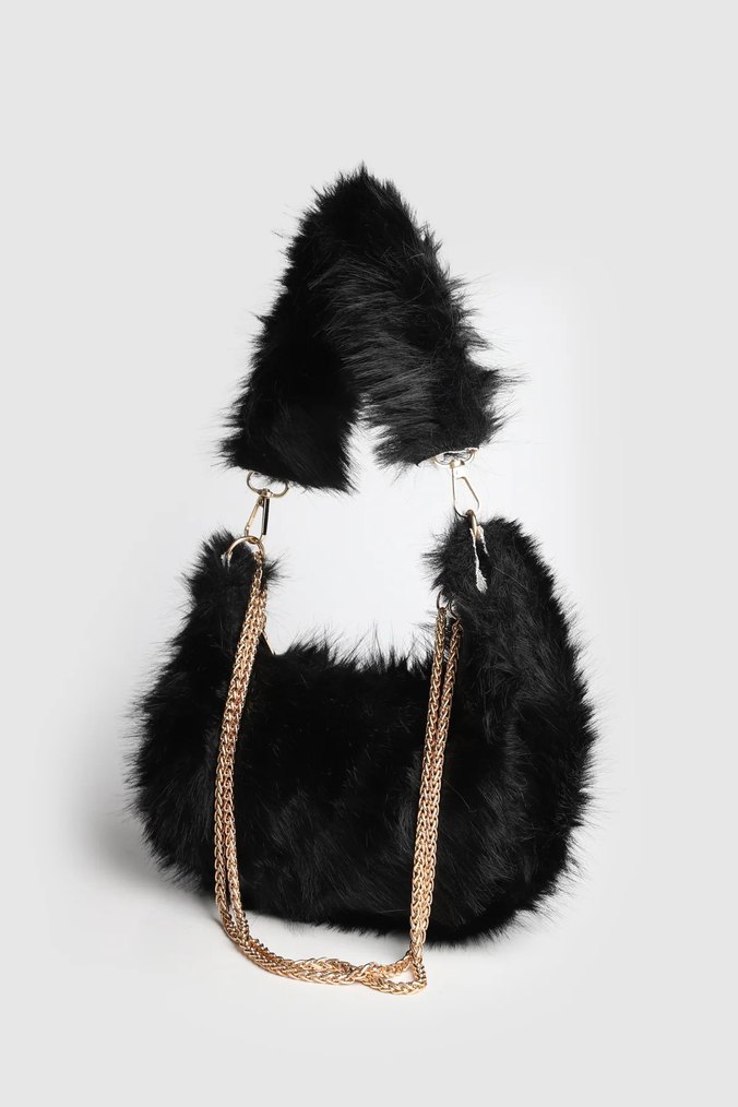 Siyah Leopar Desenli Peluş Kadın Çanta - Görsel 3