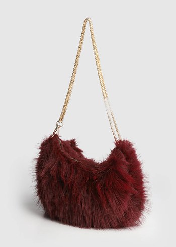 Bordo Kürklü Kadın Omuz Çantası - Görsel 2