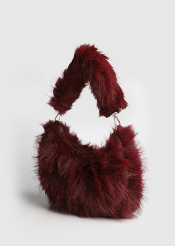 Bordo Kürklü Kadın Omuz Çantası - Görsel 3