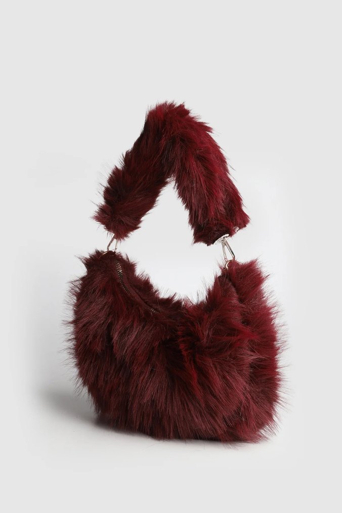 Bordo Kürklü Kadın Omuz Çantası - Görsel 3