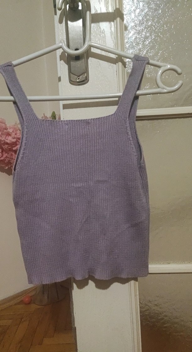 Mor V Yaka Örgü Crop - Görsel 2