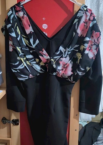 Kadın Siyah Abiye Çiçek Desenli Diz Boyu - Görsel 2