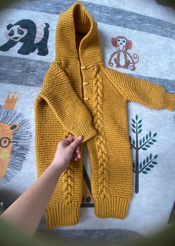 Kapüşonlu Sarı Örgü Bebek Tulumu - Görsel 4