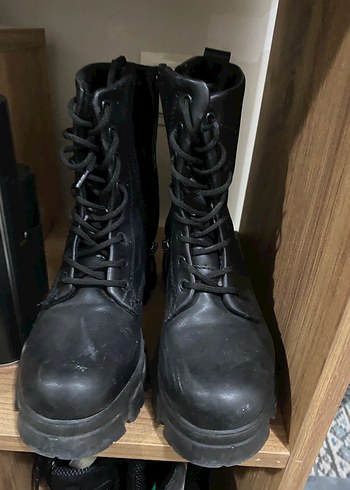 Siyah Deri Platform Topuklu Punk Bot - Görsel 4