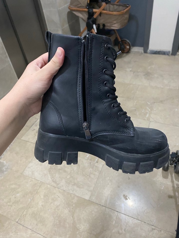 Siyah Deri Platform Topuklu Punk Bot - Görsel 2