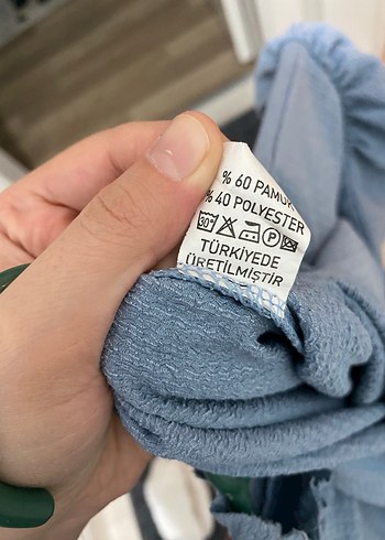 Fırfırlı Yüksek Yakalı Mavi Keten Bluz - Görsel 3