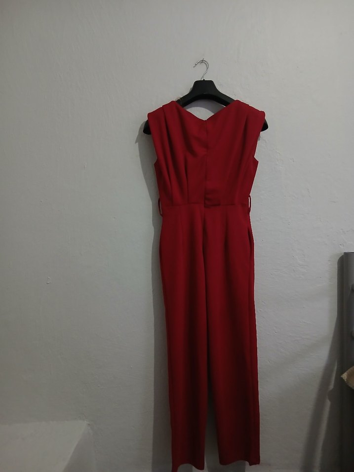 Kırmızı Drapeli Uzun Kadın Tulum - Görsel 3