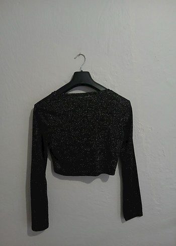 Siyah Işıltılı Uzun Kollu Kısa Crop - Görsel 2