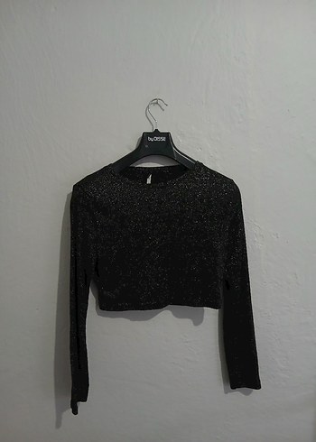 Siyah Işıltılı Uzun Kollu Kısa Crop - Görsel 3