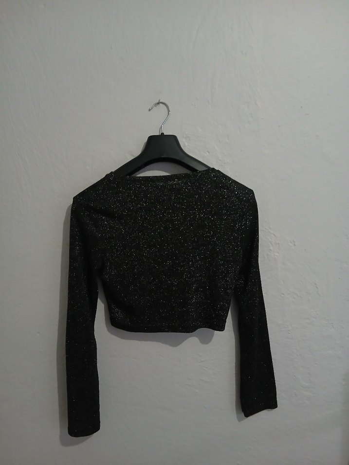 Siyah Işıltılı Uzun Kollu Kısa Crop - Görsel 2