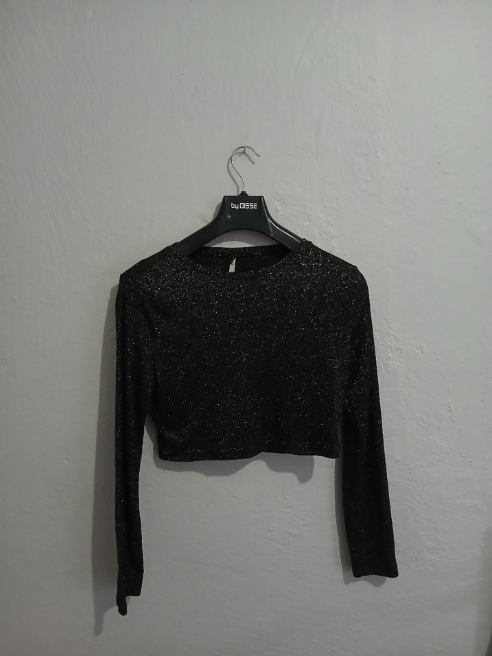 Siyah Işıltılı Uzun Kollu Kısa Crop - Görsel 3