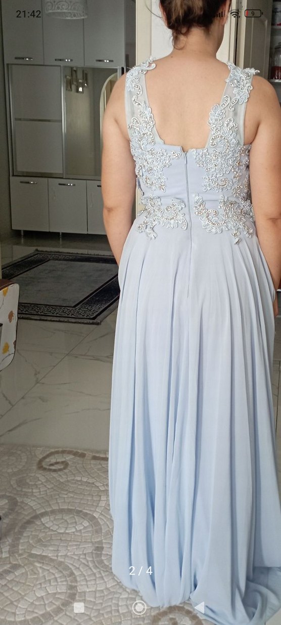 Drapeli Straplez Uzun Mavi Nişan Elbisesi - Görsel 2