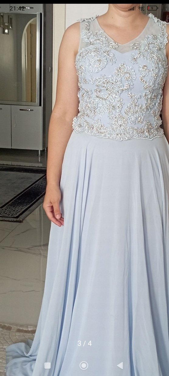 Drapeli Straplez Uzun Mavi Nişan Elbisesi - Görsel 3