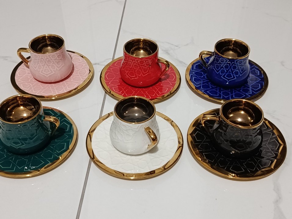 tüek kahve fincanı renkli  Altın Detaylı Kahve Fincanı ve Tabağı - Görsel 3