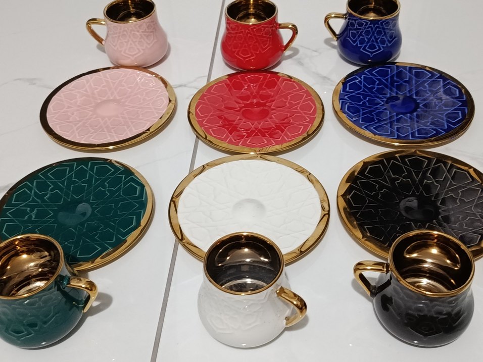 tüek kahve fincanı renkli  Altın Detaylı Kahve Fincanı ve Tabağı - Görsel 4