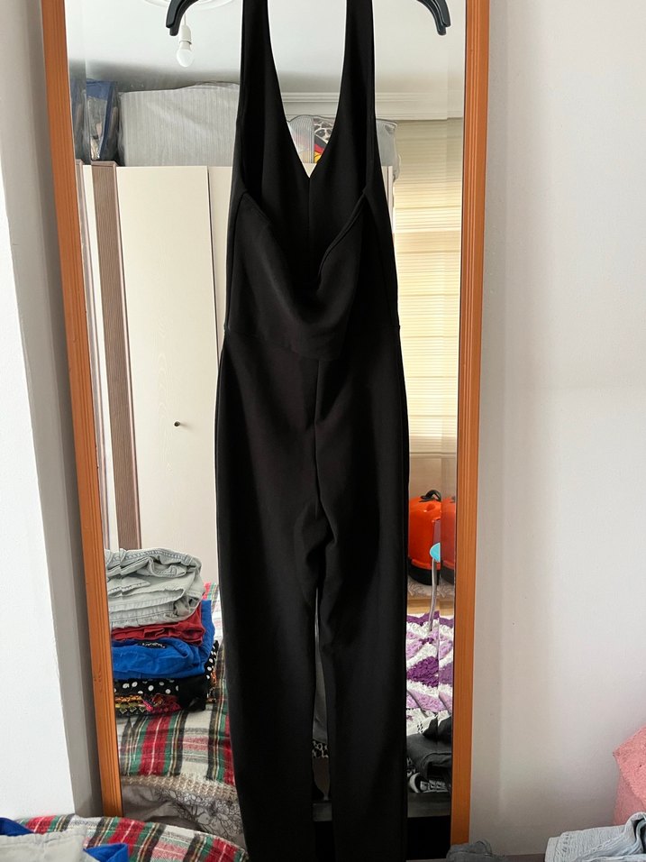 Kadın Siyah Uzun Halter Yaka Goth Tulum - Görsel 3