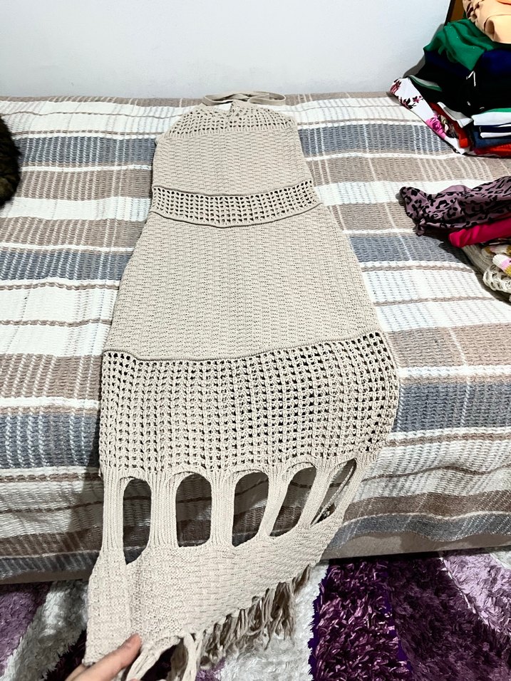 Bej Bohem Uzun Örme Elbise - Görsel 2