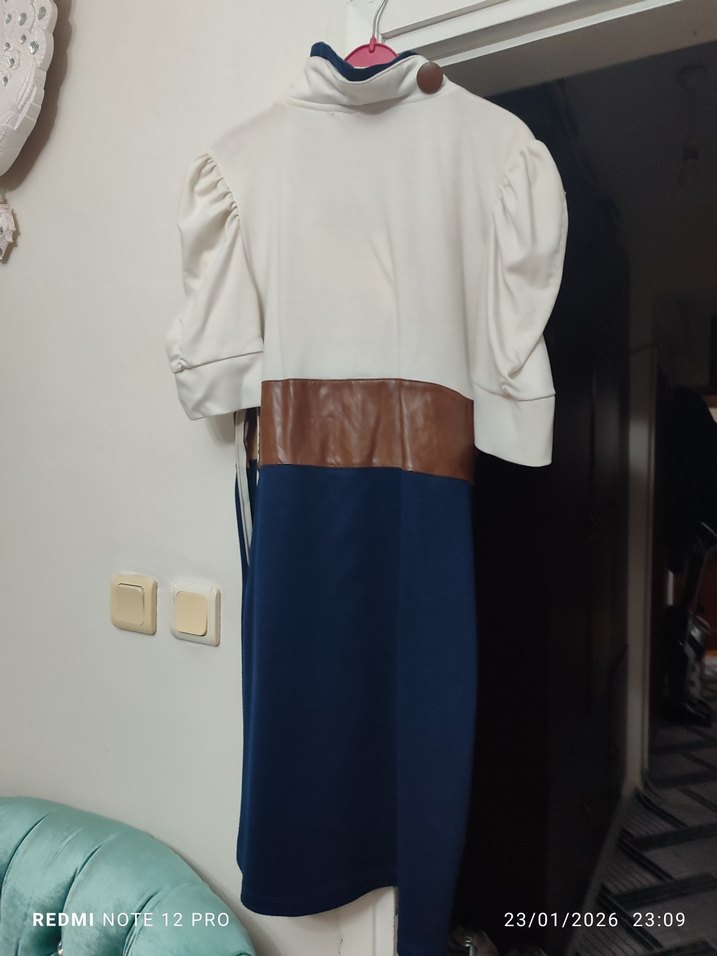 Düğmeli, Uzun Kollu Lacivert Kadın Elbise - Görsel 2