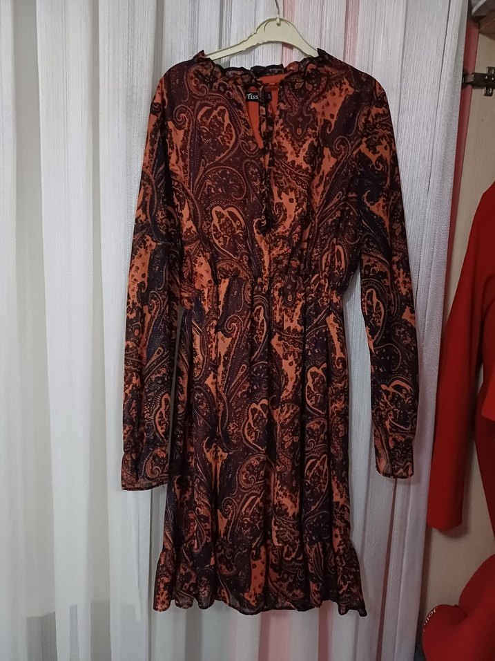 Bohem Uzun Kollu Yılan Desenli Kahverengi Elbise - Görsel 2