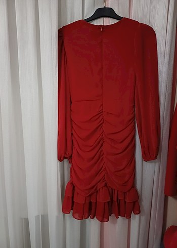 Kırmızı Uzun Kollu Drapeli Abiye Elbise - Görsel 2