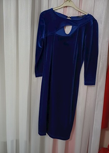 Uzun Kollu Parlak Mavi V Yaka Abiye Elbise - Görsel 2