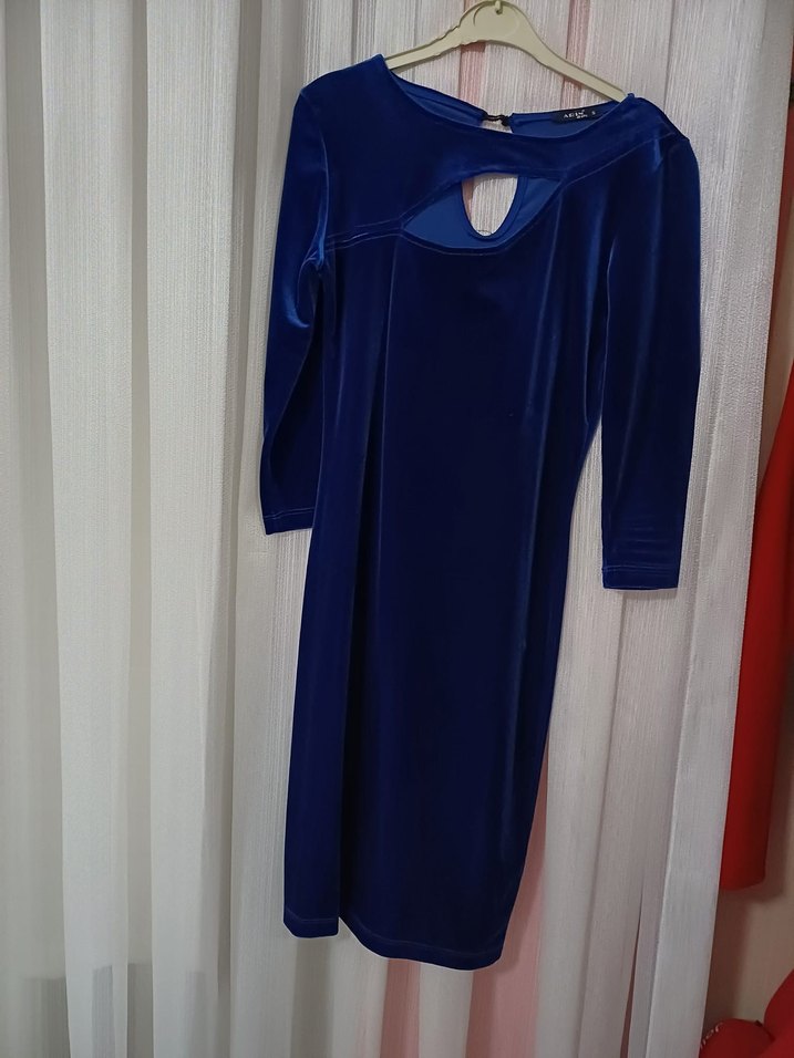 Uzun Kollu Parlak Mavi V Yaka Abiye Elbise - Görsel 2