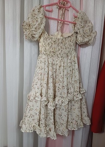 Bej Çiçekli Straplez Mini Bohem Elbise - Görsel 2