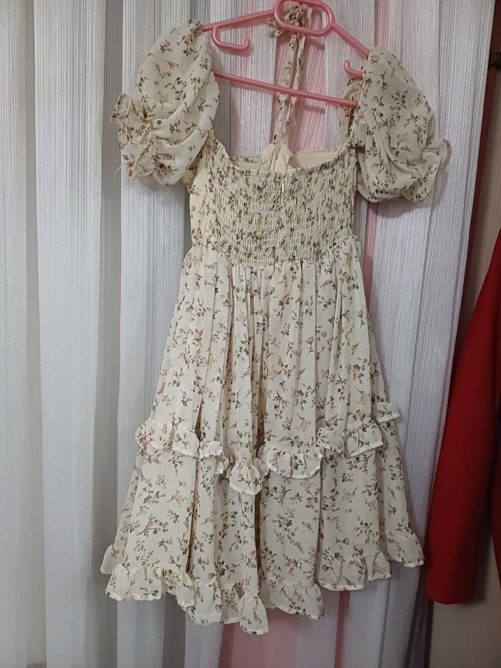 Bej Çiçekli Straplez Mini Bohem Elbise - Görsel 2