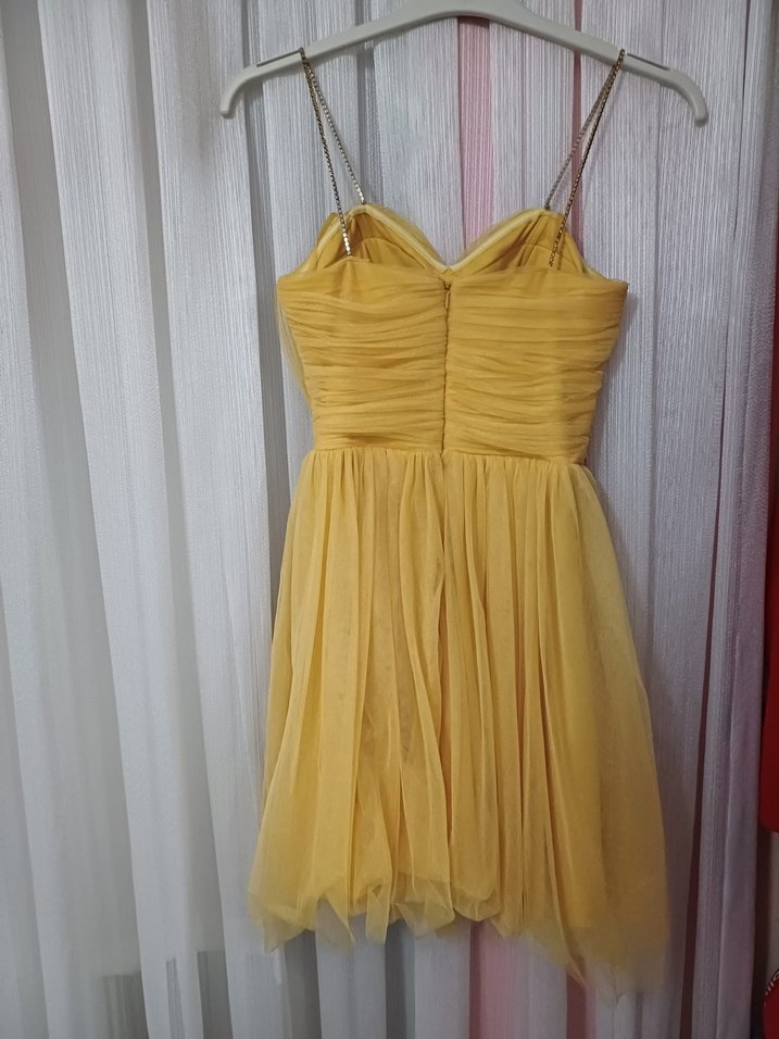 Sarı Pilili Midi Abiye Elbise - Görsel 2