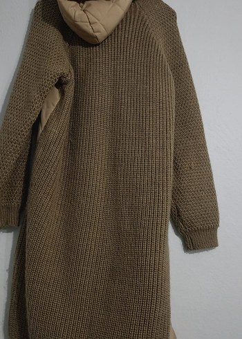 Bej Kapüşonlu Uzun Triko Kadın Ceket - Görsel 2