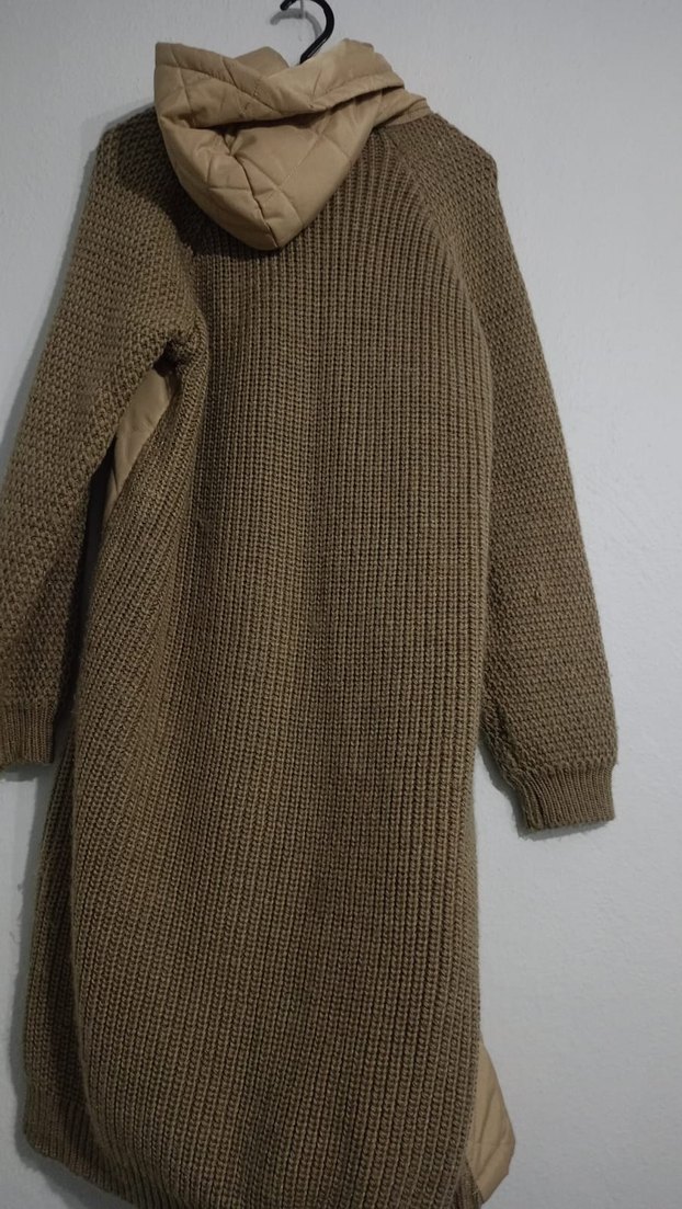 Bej Kapüşonlu Uzun Triko Kadın Ceket - Görsel 2