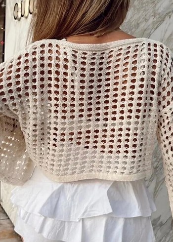 Krem Renk File Örgü Kazak  - Görsel 2