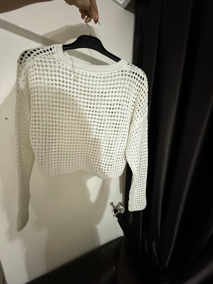 Krem Renk File Örgü Kazak  - Görsel 4