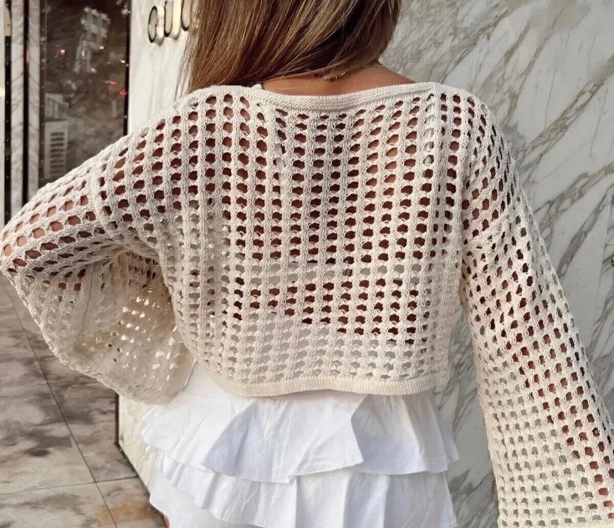 Krem Renk File Örgü Kazak  - Görsel 2