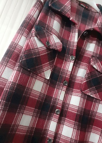 Bordo Ekose Düğmeli Uzun Kollu Kadın Gömlek - Görsel 3