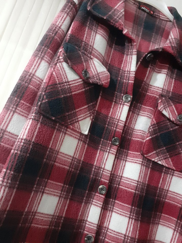 Bordo Ekose Düğmeli Uzun Kollu Kadın Gömlek - Görsel 3