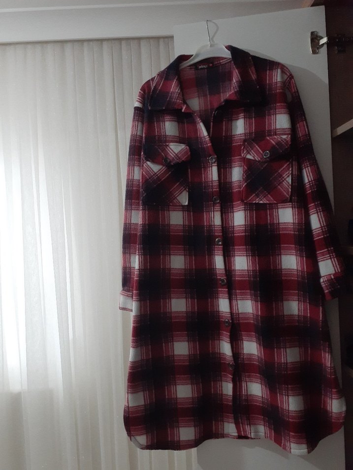 Bordo Ekose Düğmeli Uzun Kollu Kadın Gömlek - Görsel 2