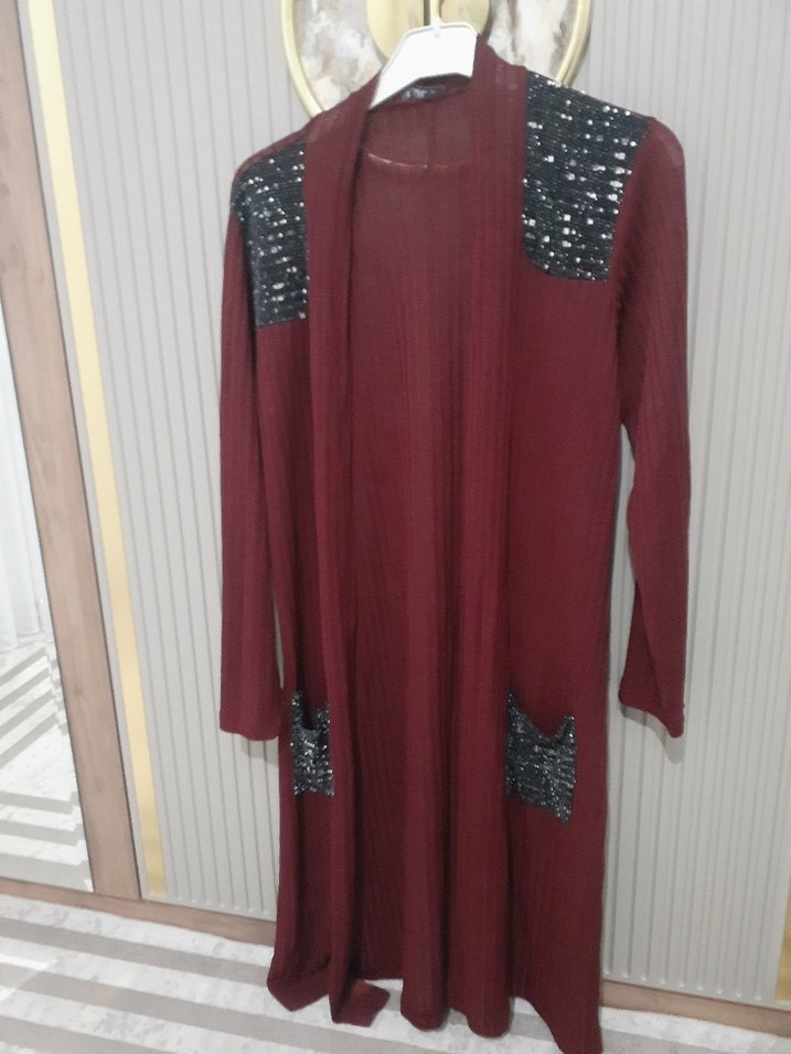 Bordo Uzun Kollu Salaş Triko Hırka - Görsel 2