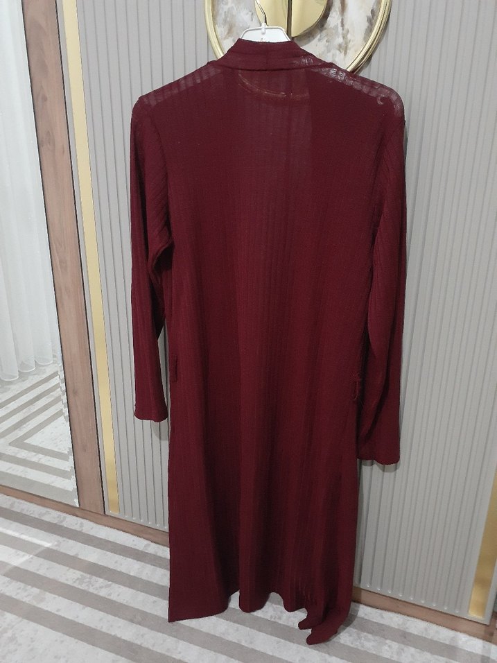 Bordo Uzun Kollu Salaş Triko Hırka - Görsel 4