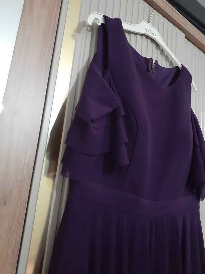 Mor Uzun Drapeli Straplez Kadın Abiye - Görsel 5