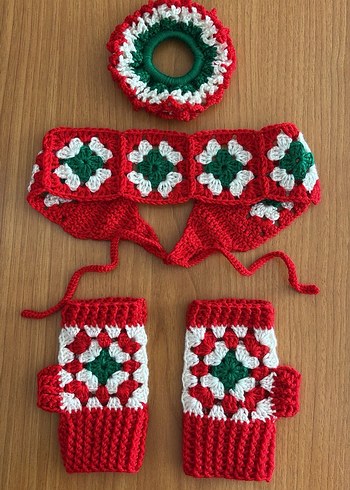 Linora Renkli Örgü Kadın Eldiven, Bandana, Toka - Görsel 3