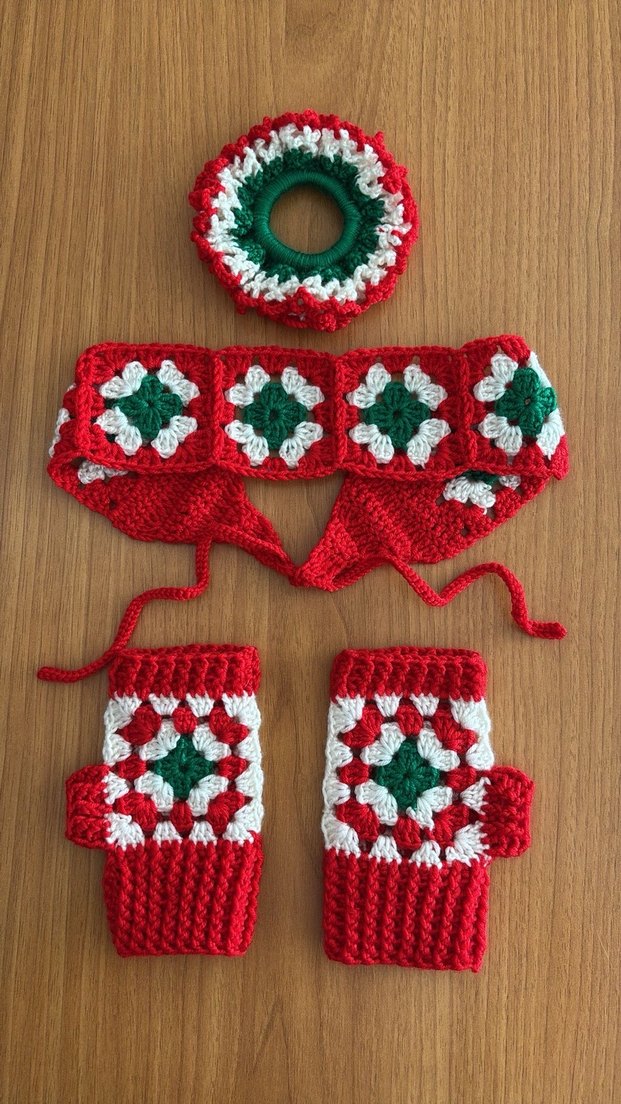 Linora Renkli Örgü Kadın Eldiven, Bandana, Toka - Görsel 3