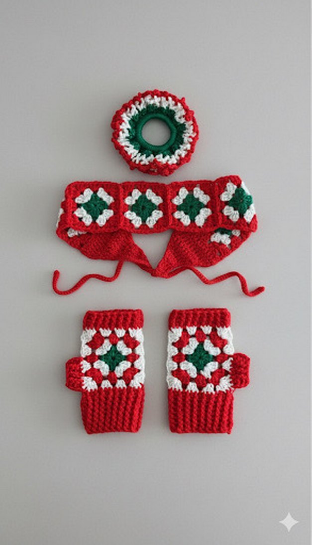 Linora Renkli Örgü Kadın Eldiven, Bandana, Toka - Görsel 2