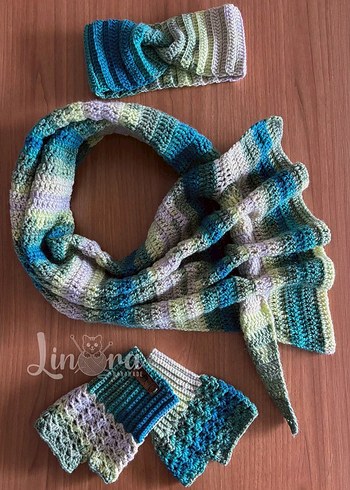 Yeşil Örgü Fırfır Atkı, Bandana, Eldiven - Görsel 2