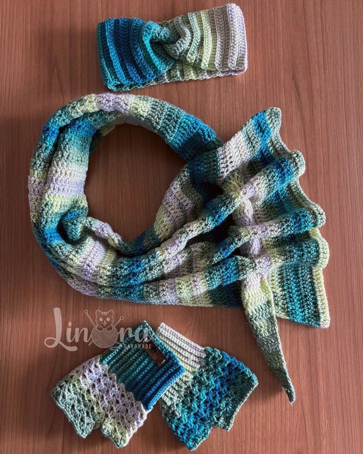 Yeşil Örgü Fırfır Atkı, Bandana, Eldiven - Görsel 2