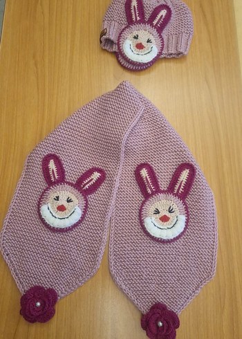 Pembe Örgü Tavşanlı Çocuk Bere Atkı - Görsel 3