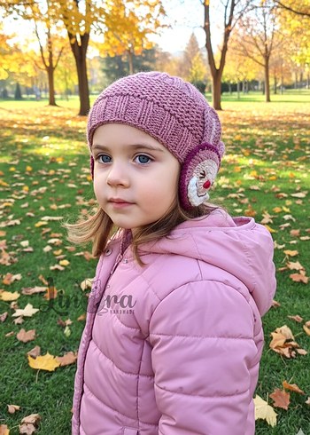 Pembe Örgü Tavşanlı Çocuk Bere Atkı - Görsel 2