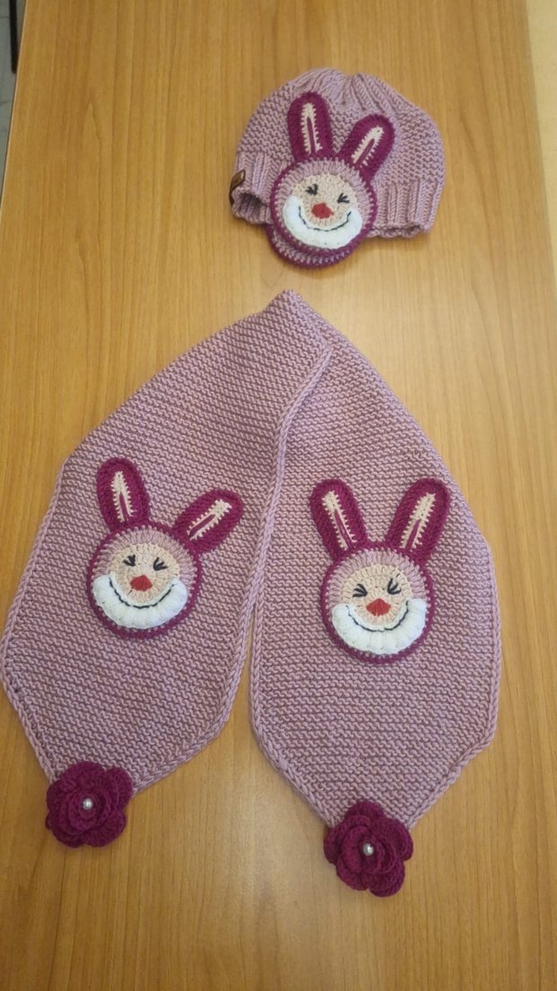 Pembe Örgü Tavşanlı Çocuk Bere Atkı - Görsel 3